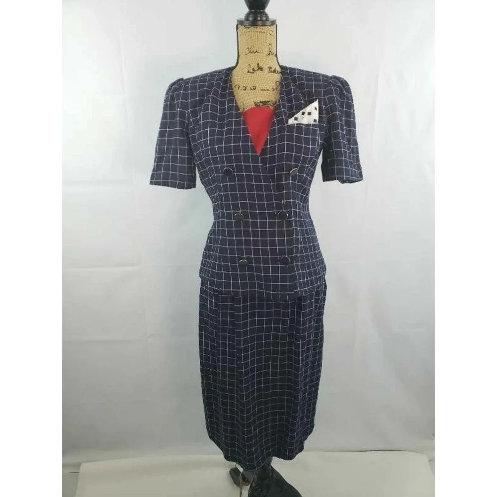 Kasper ASL Women wear Skirt Suit Blue Windowpane Lined Shoulder‎ -Padded 8/9 S54